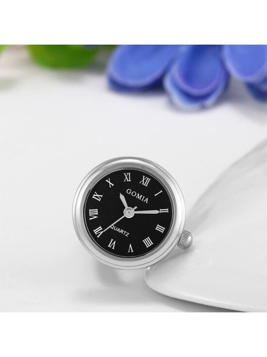 Unisex Silver Black Quartz Roman Numeral Adjustable Open Band Finger Ring Watch